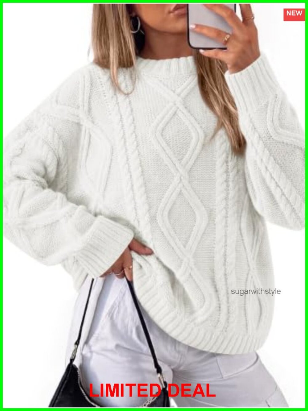 Oversized Cable Knit Pullover Sweater Crew Neck Relaxed Fit